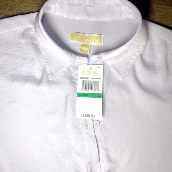 MICHAEL KORS Tie Front Satin Shirt in Lavender Mist, Size Large - Picture 3 of 11